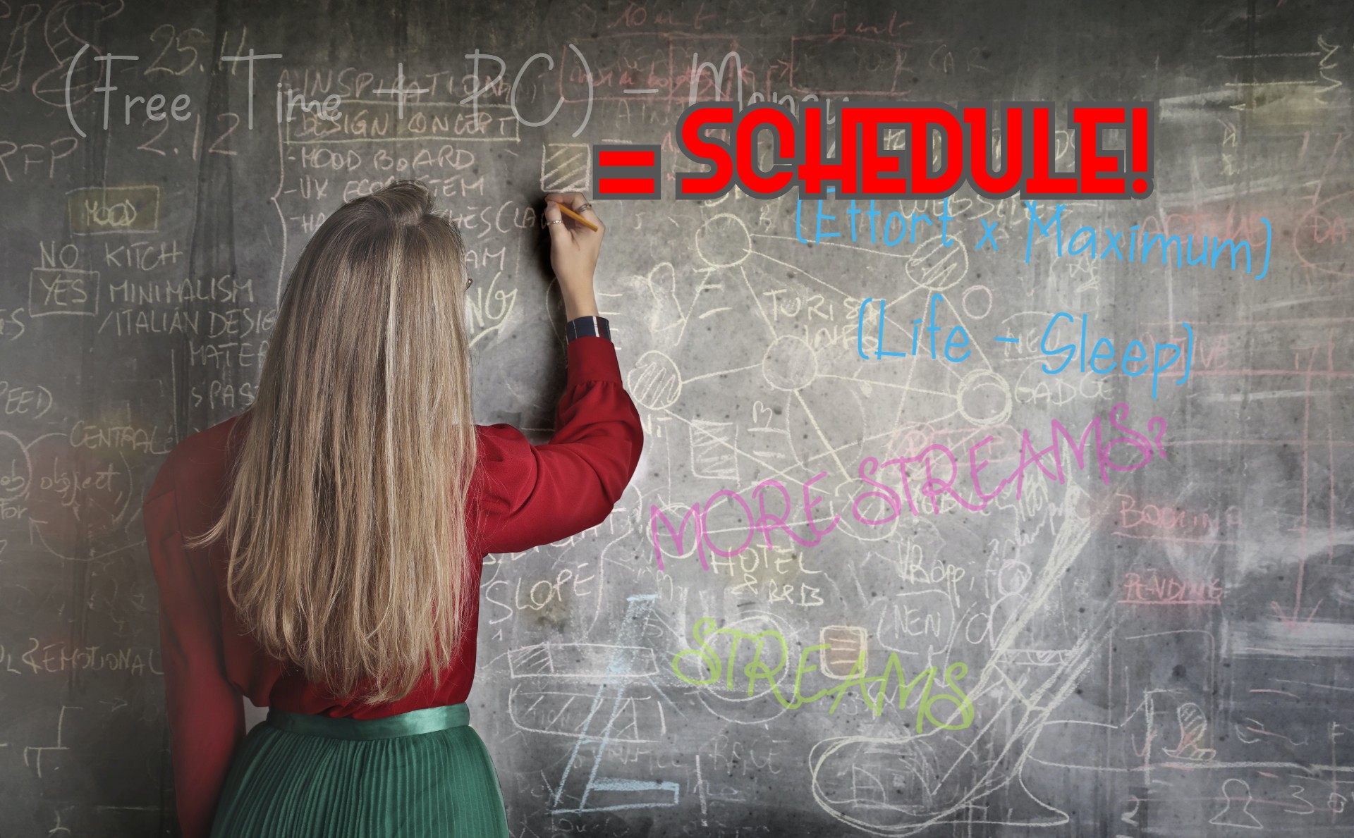 Woman writing on chalkboard, with the word SCHEDULE featured prominently